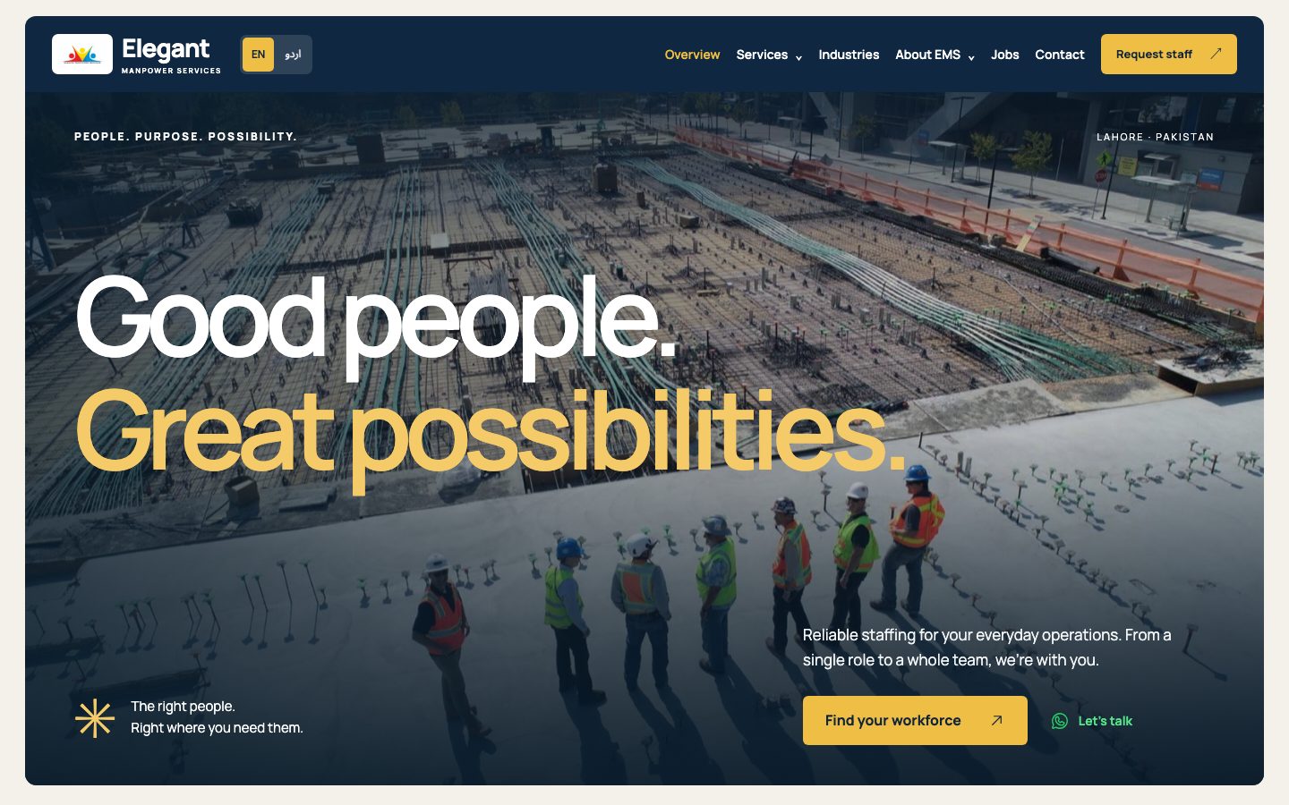 Homepage over a construction site photo