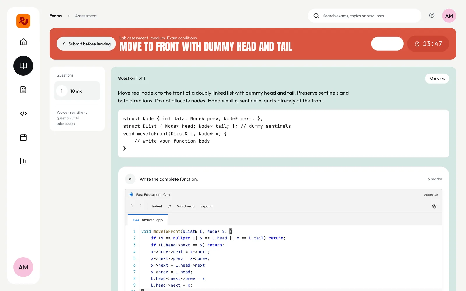 Timed quiz with a C++ code editor