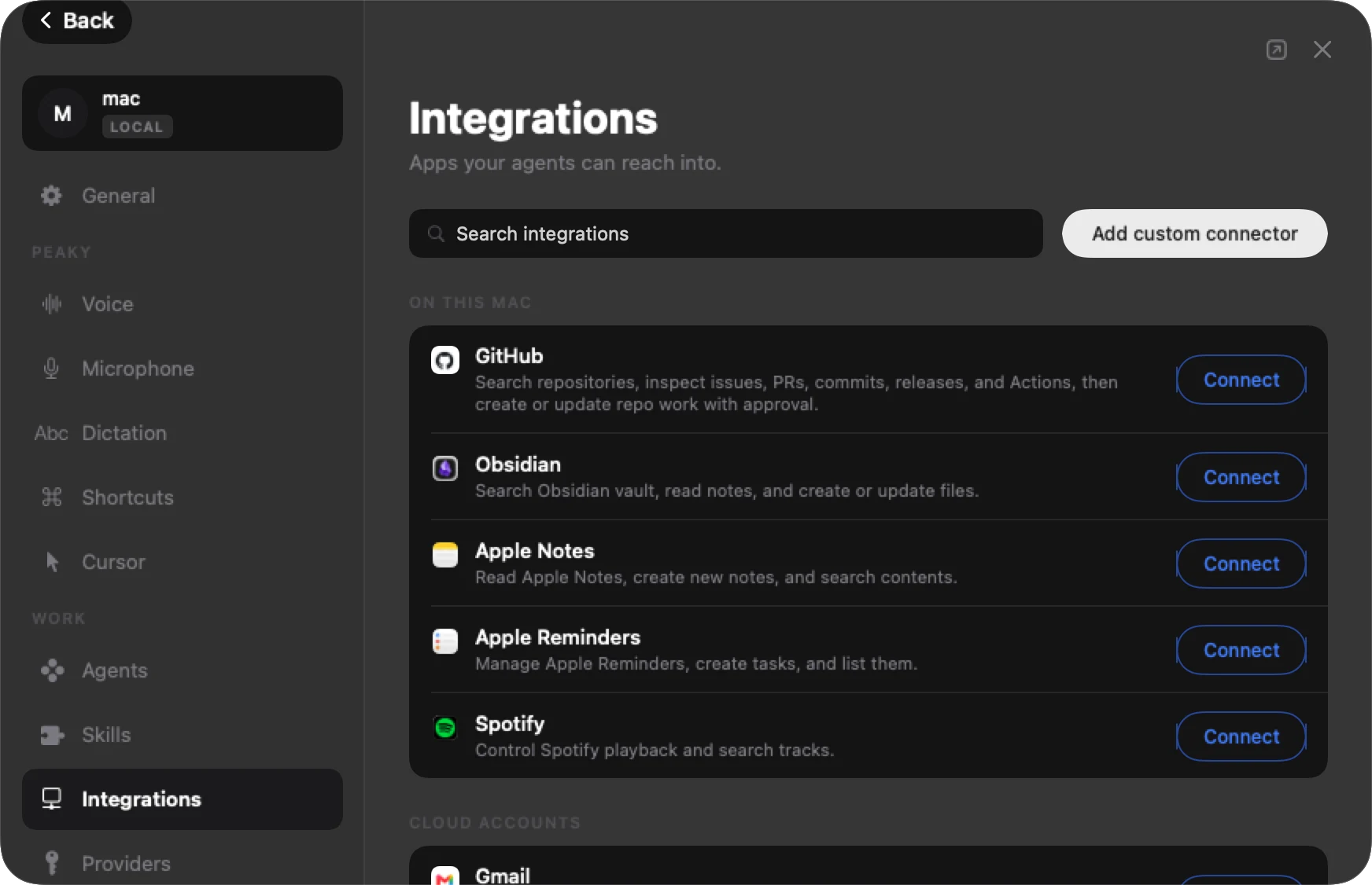 Integrations settings