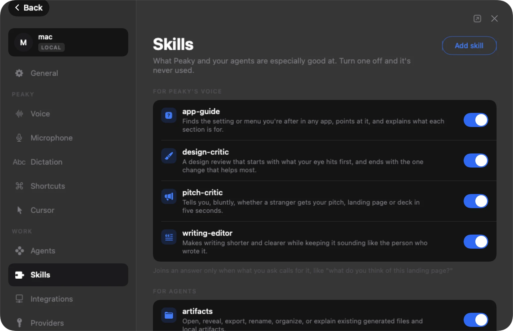 Skills settings