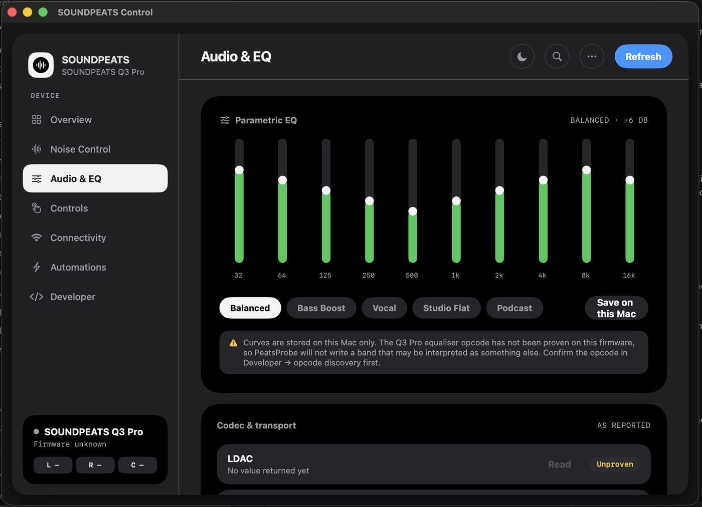 Audio screen with EQ presets and modes